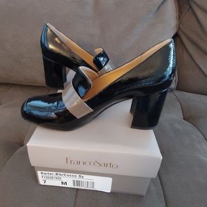 Franco Sarto black/cocco patent block heel pumps